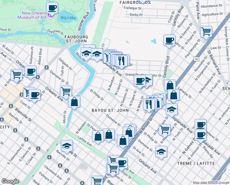 map of restaurants, bars, coffee shops, grocery stores, and more near 1208 North Lopez Street in New Orleans