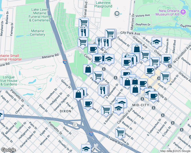 map of restaurants, bars, coffee shops, grocery stores, and more near 211 South Saint Patrick Street in New Orleans