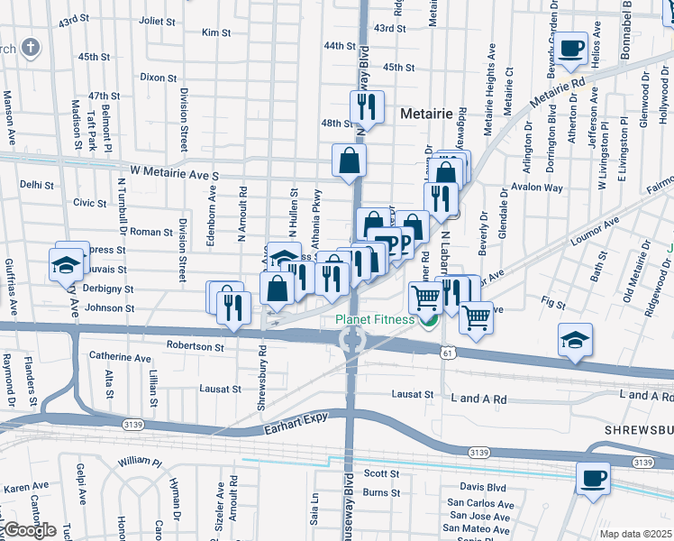 map of restaurants, bars, coffee shops, grocery stores, and more near 3215 Bauvais Street in Metairie