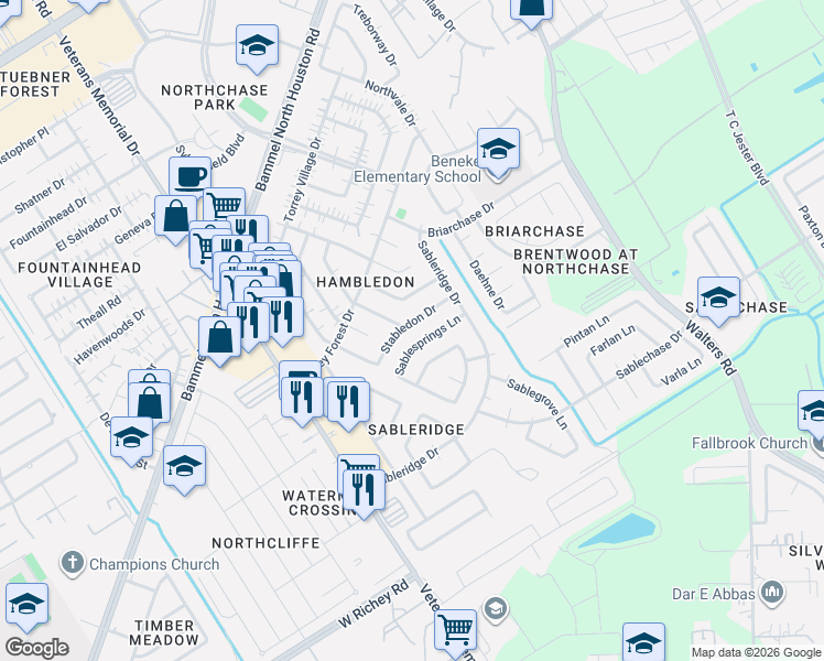 map of restaurants, bars, coffee shops, grocery stores, and more near 13747 Sablesprings Lane in Houston