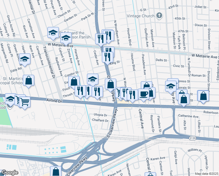 map of restaurants, bars, coffee shops, grocery stores, and more near 301 Clearview Parkway in Metairie