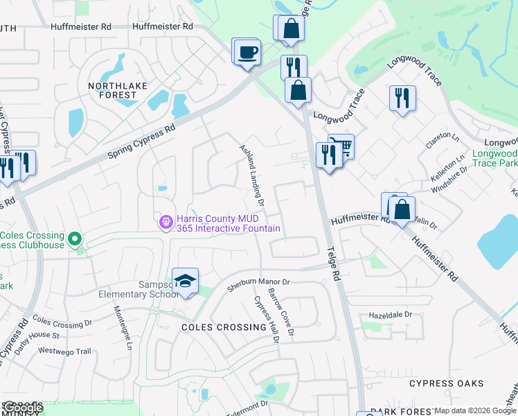map of restaurants, bars, coffee shops, grocery stores, and more near 14011 Ashland Landing Drive in Cypress