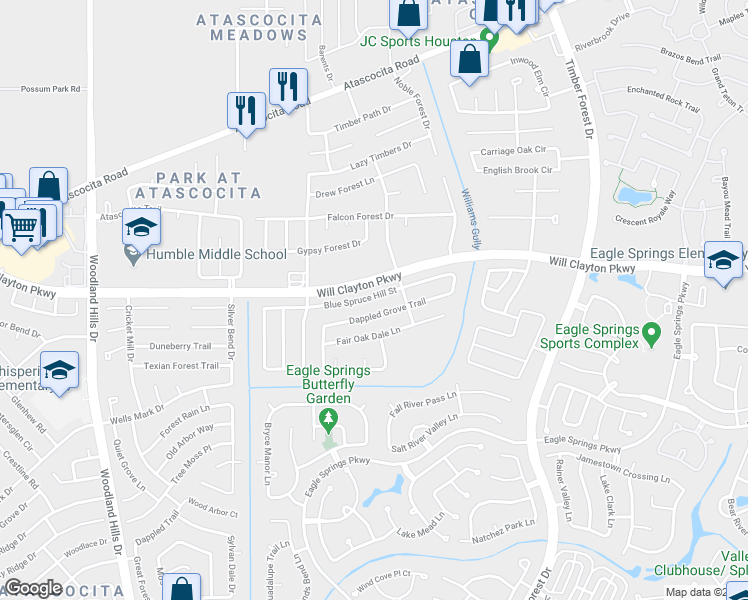 map of restaurants, bars, coffee shops, grocery stores, and more near 4838 Blue Spruce Hill Street in Humble