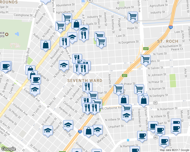 map of restaurants, bars, coffee shops, grocery stores, and more near 1823 Old Prieur St in New Orleans