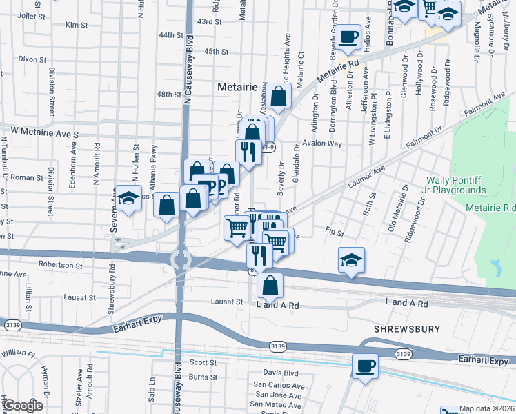 map of restaurants, bars, coffee shops, grocery stores, and more near 6 Savannah Ridge Lane in Metairie