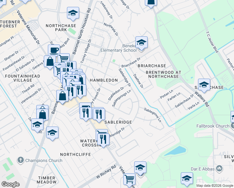 map of restaurants, bars, coffee shops, grocery stores, and more near 13747 Sablesprings Lane in Houston
