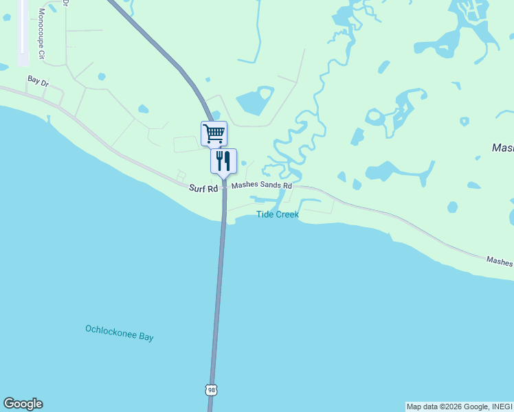 map of restaurants, bars, coffee shops, grocery stores, and more near 19F8 Mashes Sands Road in Panacea