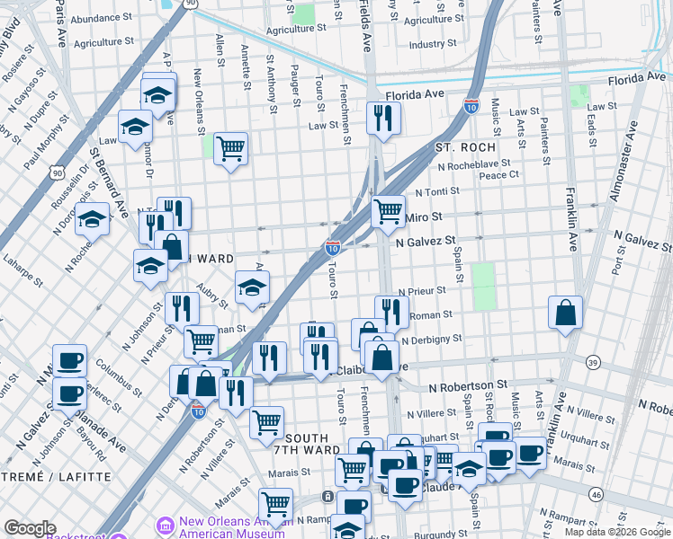 map of restaurants, bars, coffee shops, grocery stores, and more near 2003 Touro Street in New Orleans