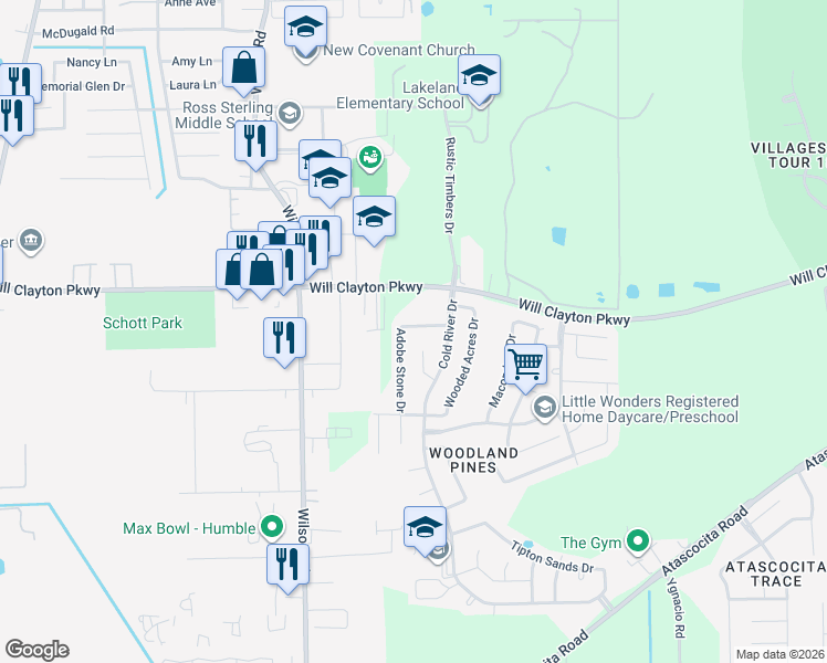 map of restaurants, bars, coffee shops, grocery stores, and more near 9322 Norwood Trails Drive in Humble