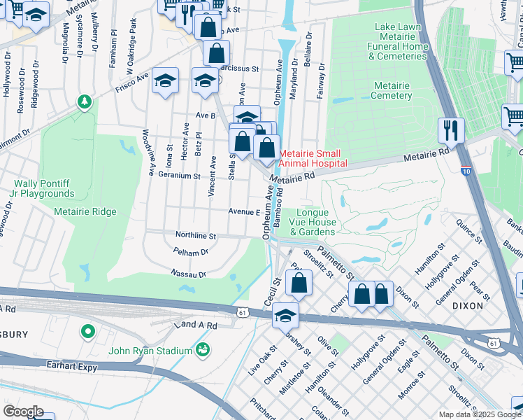 map of restaurants, bars, coffee shops, grocery stores, and more near 109 Avenue East in Metairie
