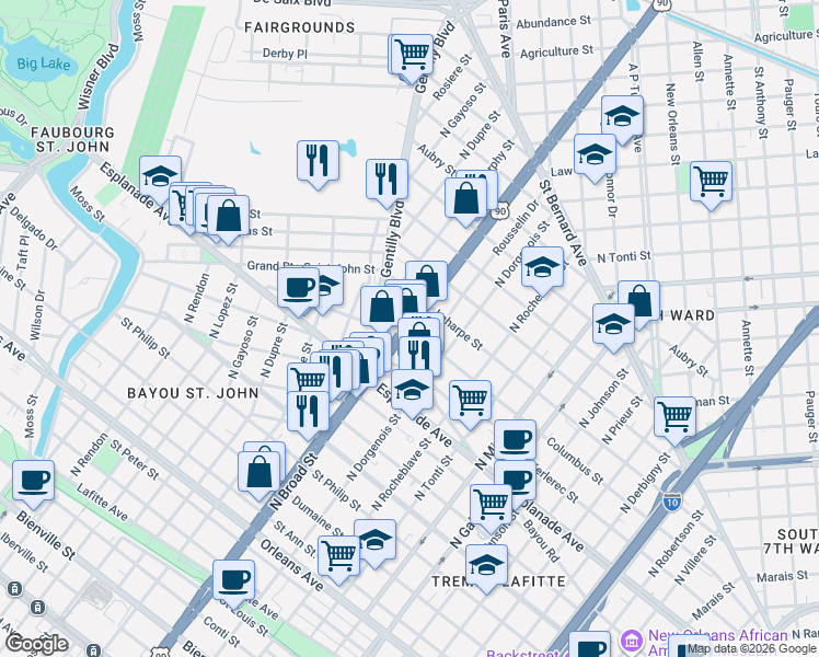 map of restaurants, bars, coffee shops, grocery stores, and more near North Broad Street in New Orleans