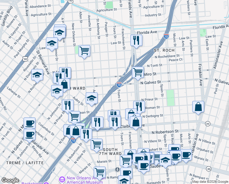 map of restaurants, bars, coffee shops, grocery stores, and more near 2003 Touro Street in New Orleans