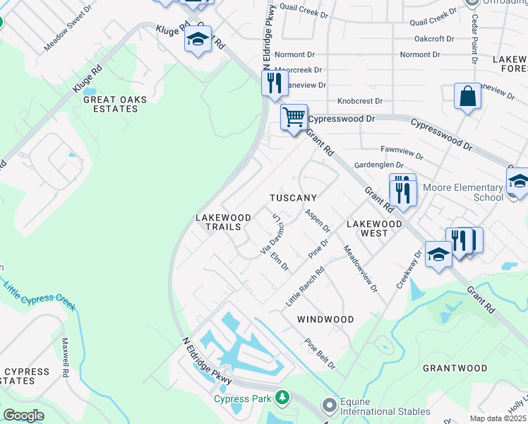map of restaurants, bars, coffee shops, grocery stores, and more near 12123 Via Davinci Lane in Cypress