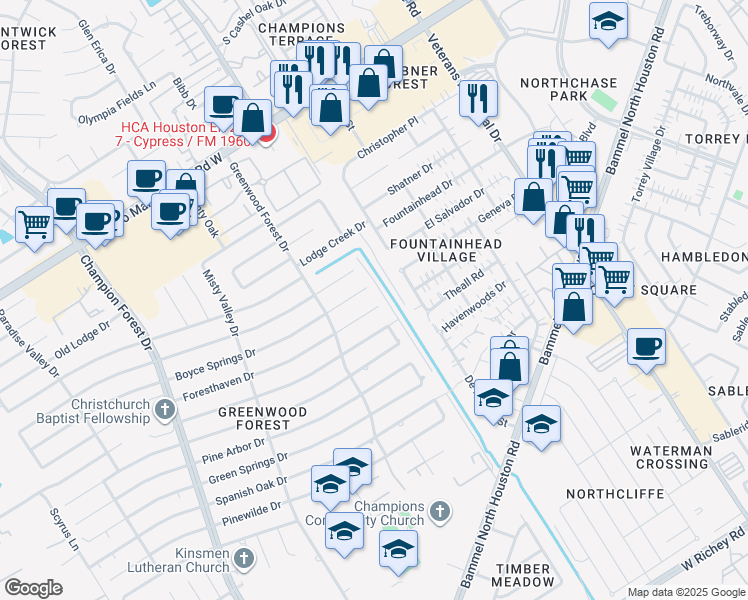 map of restaurants, bars, coffee shops, grocery stores, and more near 5106 Foresthaven Drive in Houston