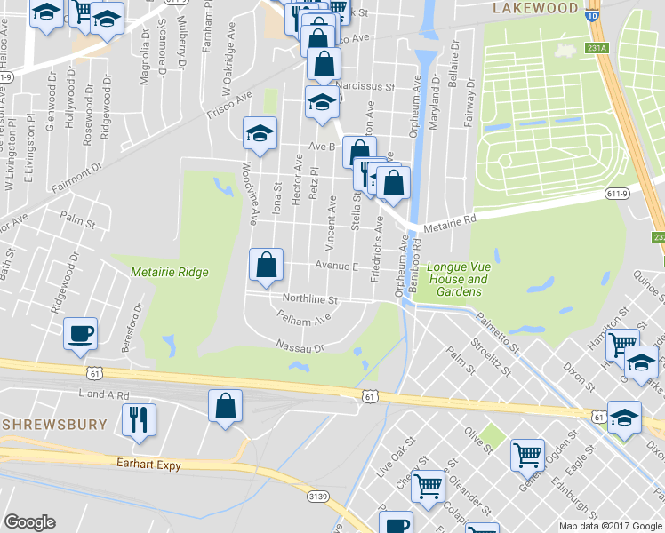 map of restaurants, bars, coffee shops, grocery stores, and more near 403 Vincent Avenue in Metairie