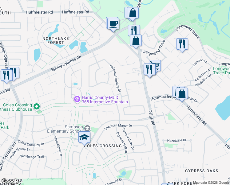 map of restaurants, bars, coffee shops, grocery stores, and more near 14011 Ashland Landing Drive in Cypress