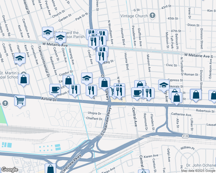 map of restaurants, bars, coffee shops, grocery stores, and more near 301 Clearview Parkway in Metairie