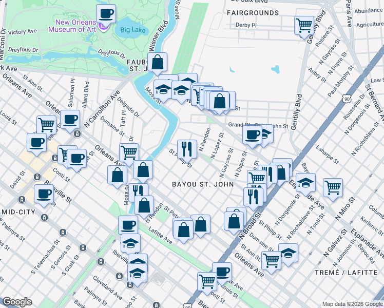 map of restaurants, bars, coffee shops, grocery stores, and more near 3128 Ursulines Avenue in New Orleans