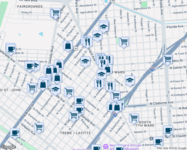 map of restaurants, bars, coffee shops, grocery stores, and more near 2213 Onzaga Street in New Orleans