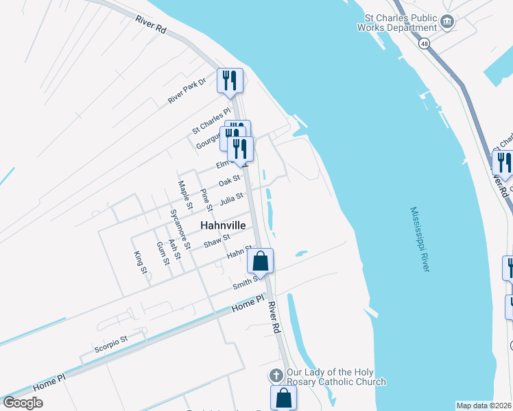 map of restaurants, bars, coffee shops, grocery stores, and more near 15570 River Road in Hahnville
