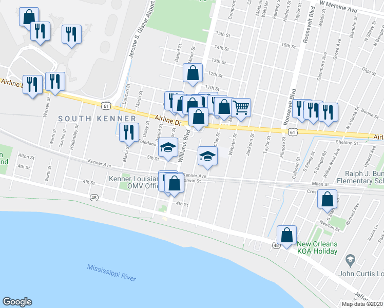 map of restaurants, bars, coffee shops, grocery stores, and more near 641 Compromise Street in Kenner