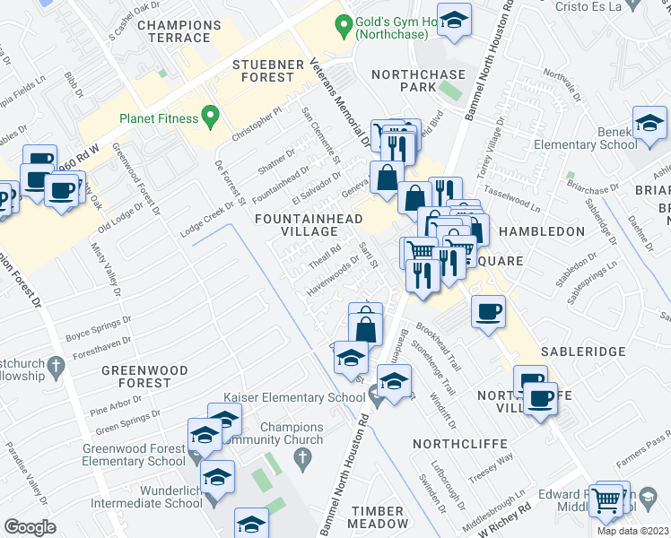 map of restaurants, bars, coffee shops, grocery stores, and more near 4730 Havenwoods Drive in Houston