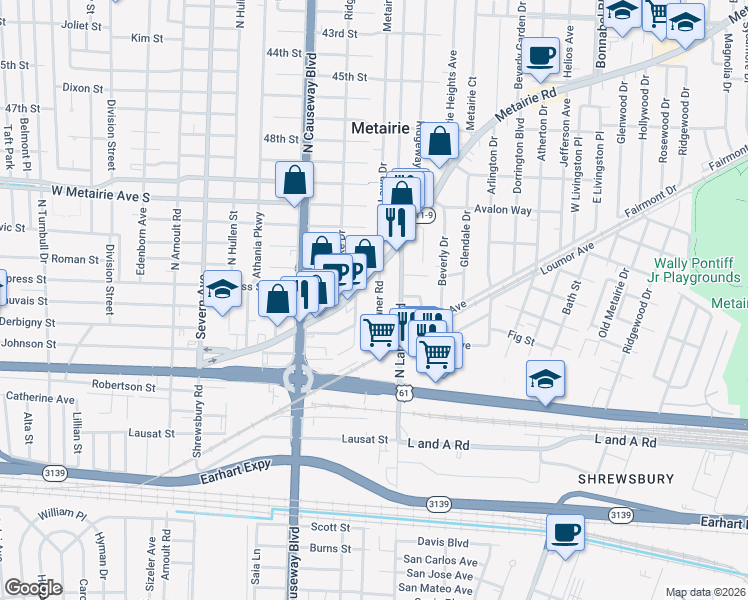 map of restaurants, bars, coffee shops, grocery stores, and more near 110 Gruner Road in Metairie