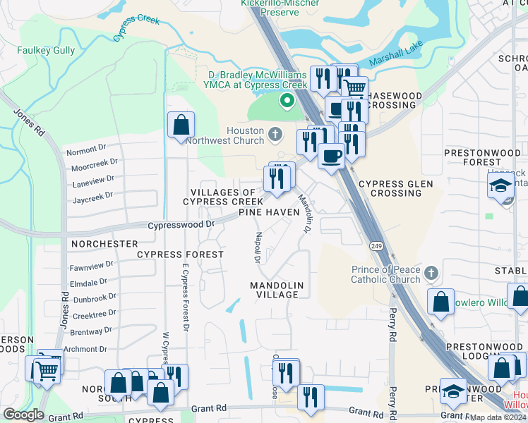 map of restaurants, bars, coffee shops, grocery stores, and more near 10225 Cypresswood Drive in Houston