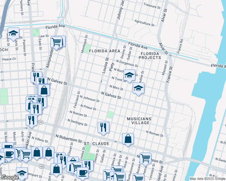 map of restaurants, bars, coffee shops, grocery stores, and more near 2114 Desire Street in New Orleans
