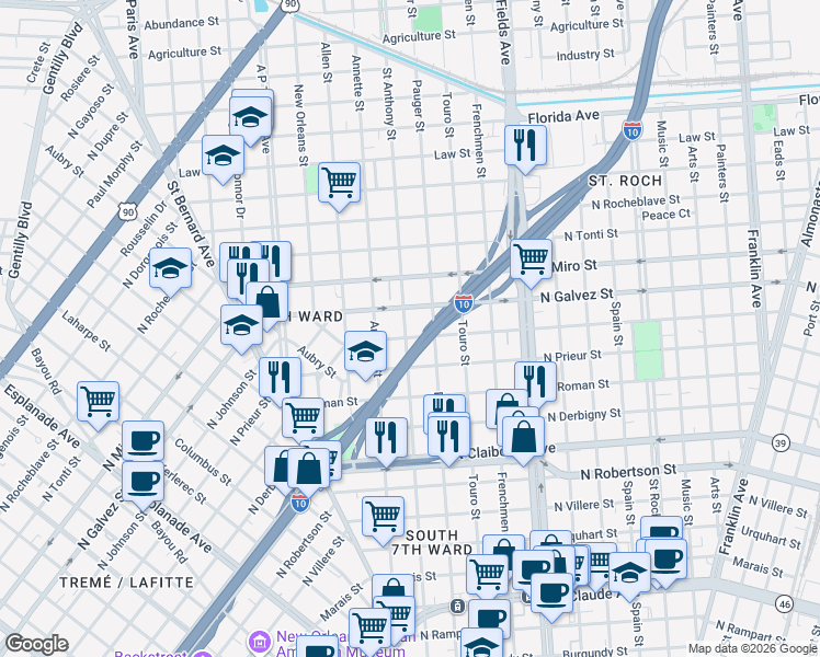 map of restaurants, bars, coffee shops, grocery stores, and more near 1961 North Johnson Street in New Orleans