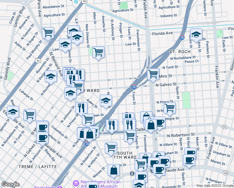 map of restaurants, bars, coffee shops, grocery stores, and more near 1915 North Johnson Street in New Orleans