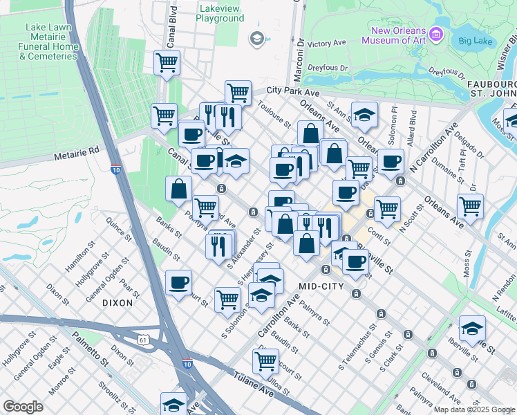 map of restaurants, bars, coffee shops, grocery stores, and more near in New Orleans