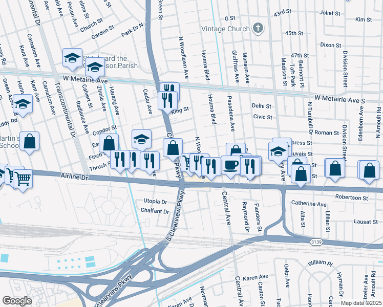 map of restaurants, bars, coffee shops, grocery stores, and more near 4416 Calumet Street in Metairie