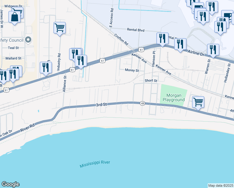 map of restaurants, bars, coffee shops, grocery stores, and more near 323 Centanni Road in Kenner