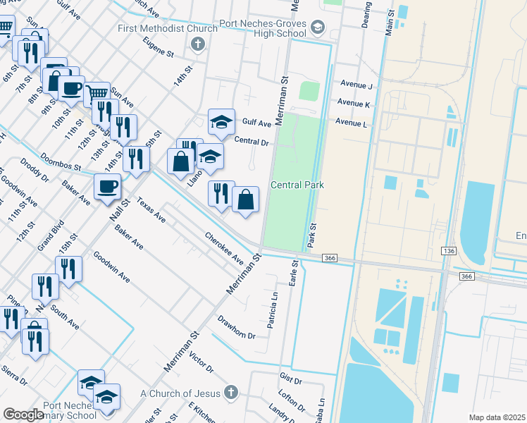 map of restaurants, bars, coffee shops, grocery stores, and more near 2134 Merriman Street in Port Neches