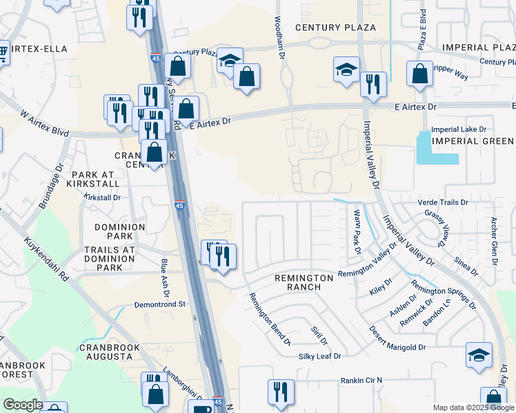 map of restaurants, bars, coffee shops, grocery stores, and more near 323 Remington Bridge Drive in Houston