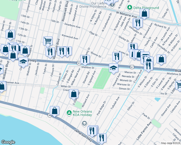 map of restaurants, bars, coffee shops, grocery stores, and more near 1116 Starrett Road in Metairie