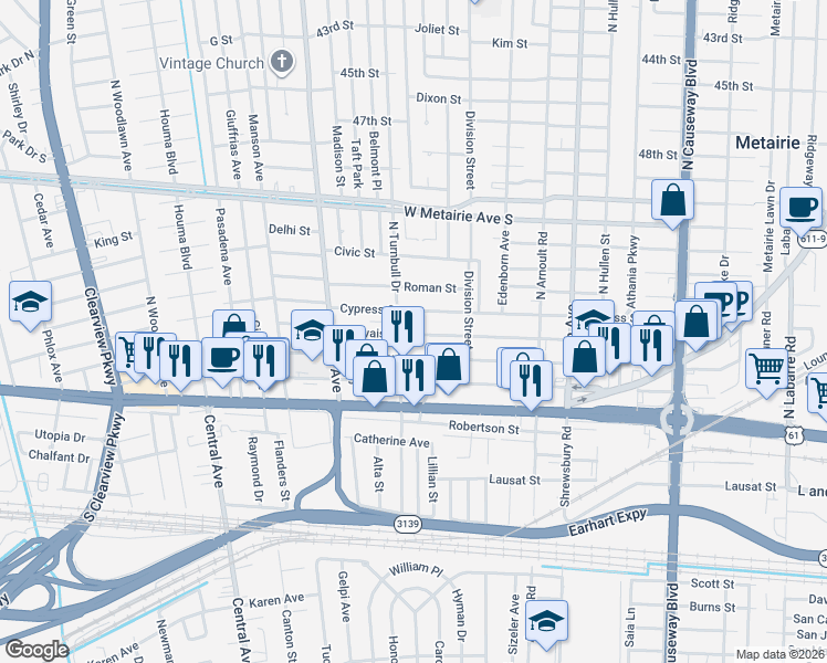 map of restaurants, bars, coffee shops, grocery stores, and more near 3742 Bauvais Street in Metairie
