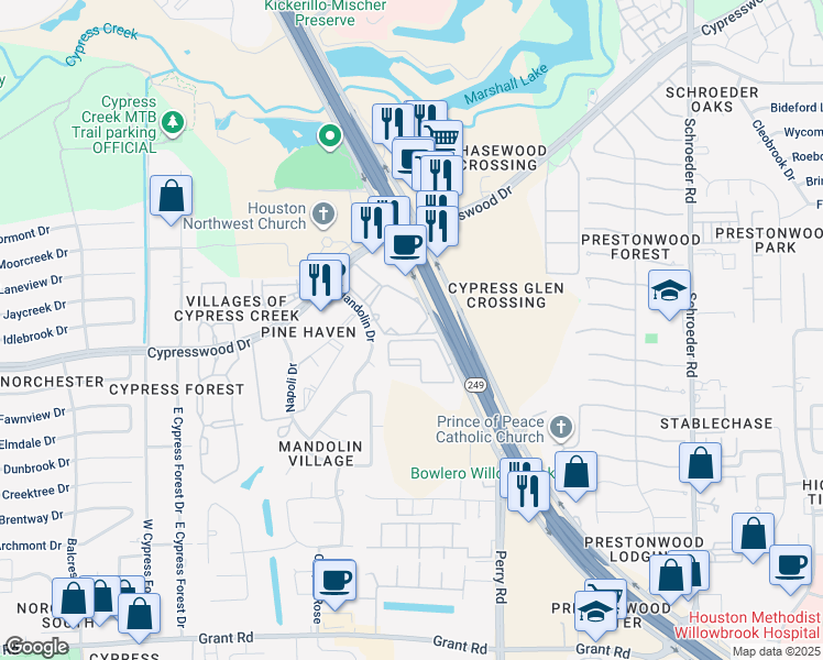 map of restaurants, bars, coffee shops, grocery stores, and more near 19515 Texas 249 in Houston