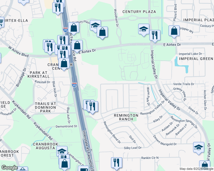 map of restaurants, bars, coffee shops, grocery stores, and more near 323 Remington Bridge Drive in Houston