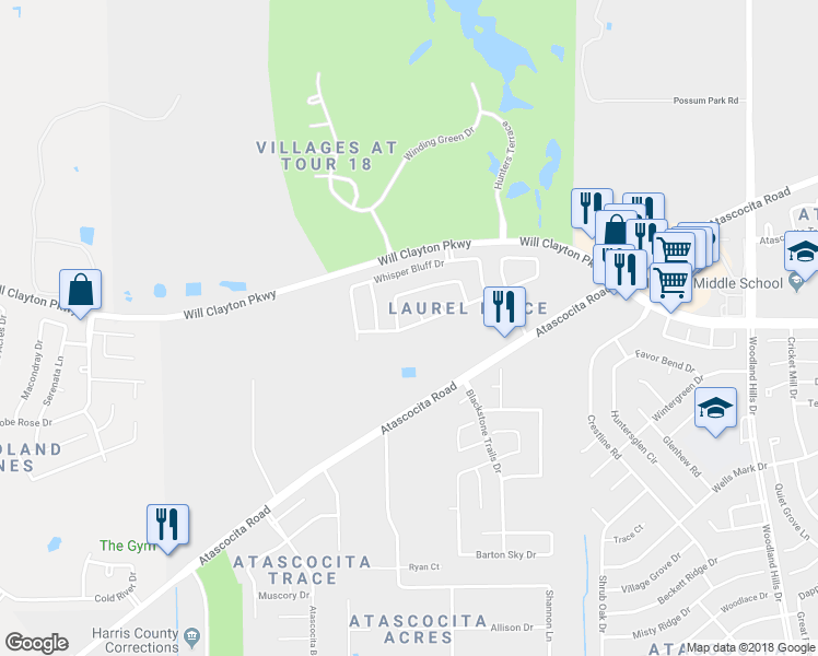 map of restaurants, bars, coffee shops, grocery stores, and more near 10414 Fire Sage Drive in Humble