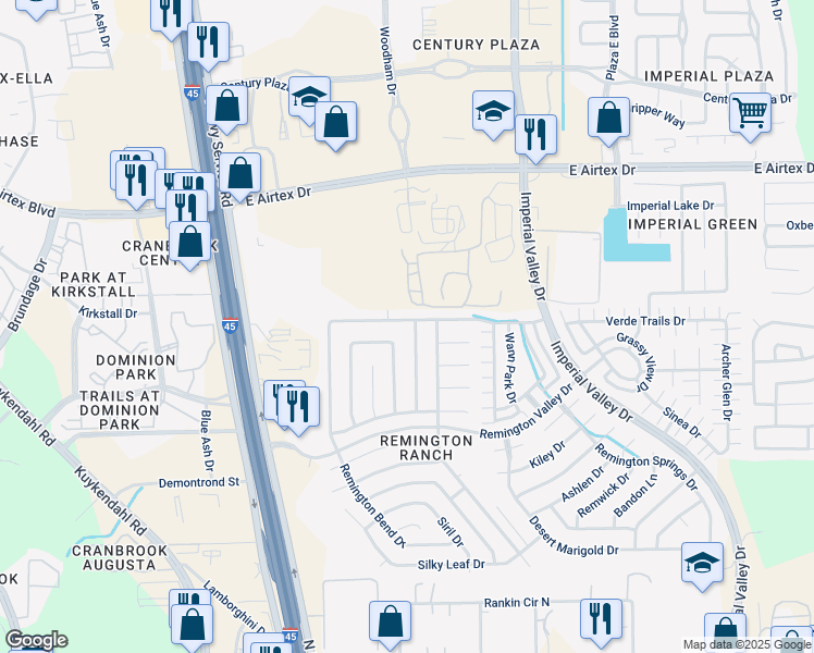 map of restaurants, bars, coffee shops, grocery stores, and more near 19531 Remington Martin Drive in Houston