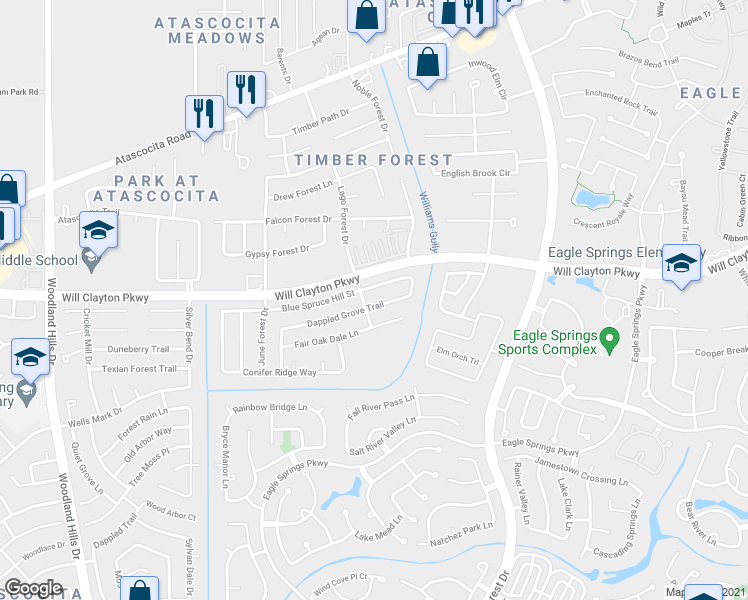 map of restaurants, bars, coffee shops, grocery stores, and more near 5011 Dappled Grove Trail in Humble