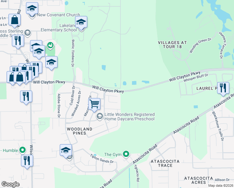 map of restaurants, bars, coffee shops, grocery stores, and more near 9735 Hamill House Drive in Humble