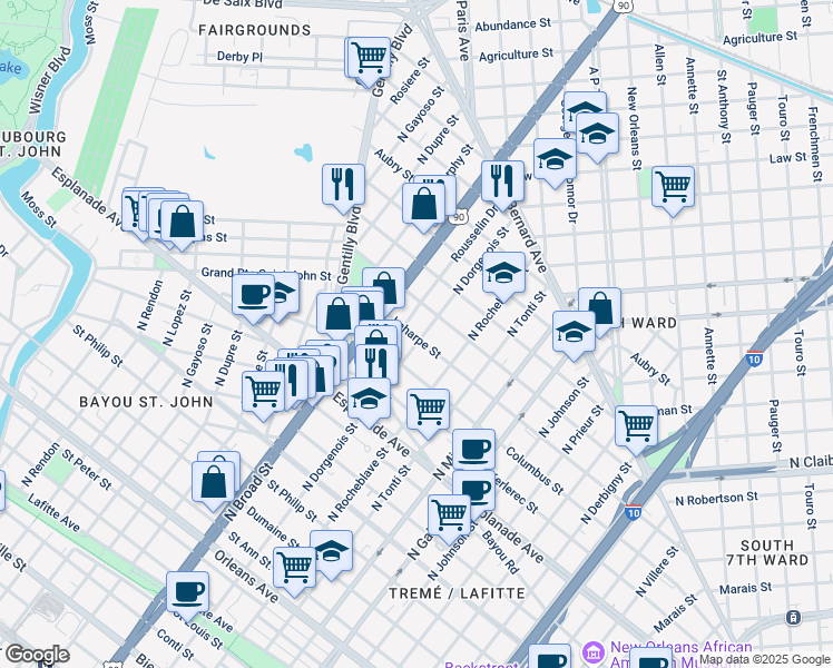 map of restaurants, bars, coffee shops, grocery stores, and more near 2510 Laharpe Street in New Orleans