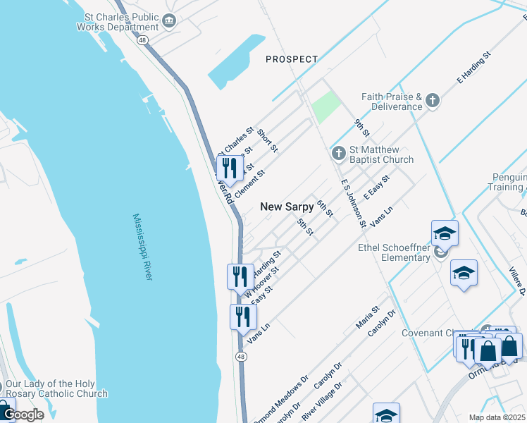 map of restaurants, bars, coffee shops, grocery stores, and more near in New Sarpy