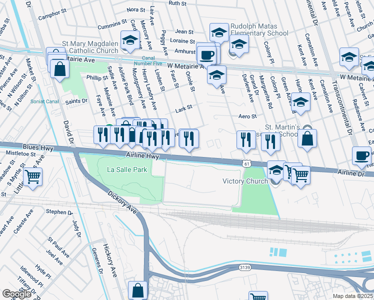 map of restaurants, bars, coffee shops, grocery stores, and more near 204 Trefny Avenue in Metairie