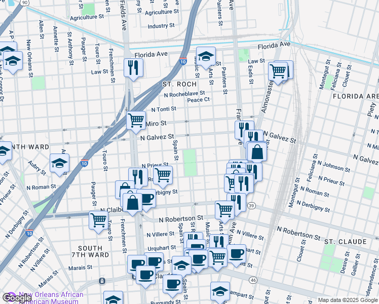 map of restaurants, bars, coffee shops, grocery stores, and more near 2365 North Johnson Street in New Orleans