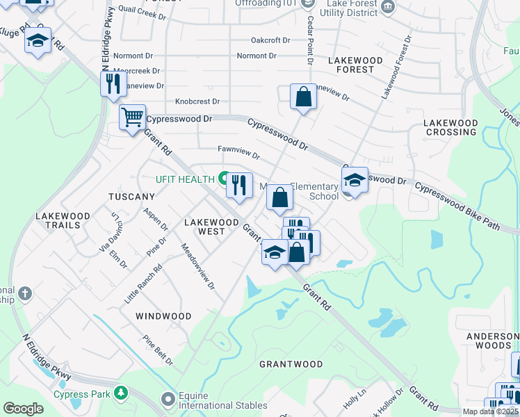 map of restaurants, bars, coffee shops, grocery stores, and more near 50 Cedar Point Drive in Houston