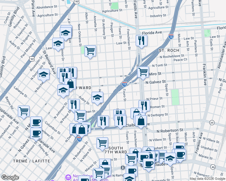 map of restaurants, bars, coffee shops, grocery stores, and more near 1961 North Johnson Street in New Orleans